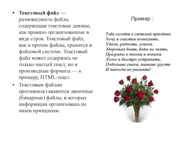 Пример : Текстовый файл — разновидность файла, содержащая текстовые данные, как правило