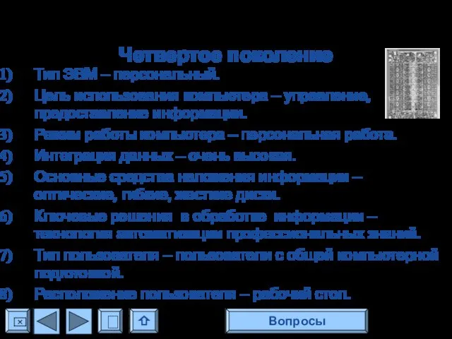 Четвертое поколение Тип ЭВМ – персональный. Цель использования компьютера – управление, предоставление