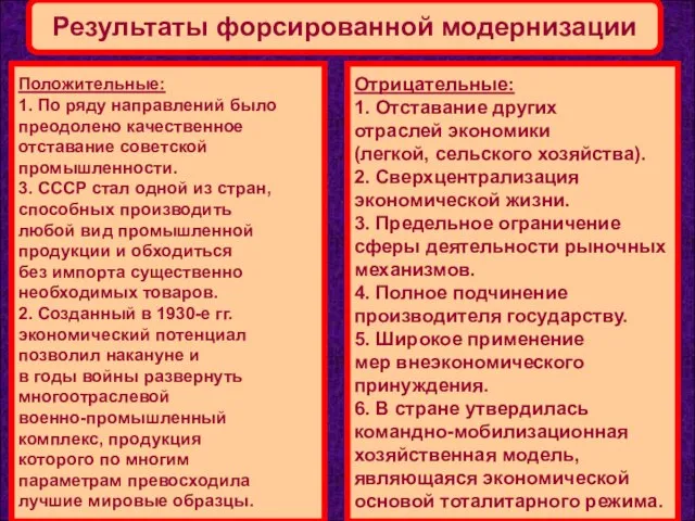 Результаты форсированной модернизации Положительные: 1. По ряду направлений было преодолено качественное отставание