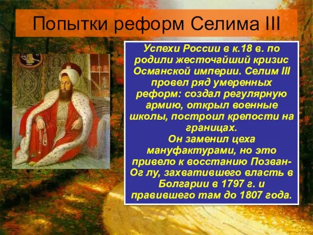 Попытки реформ Селима III Успехи России в к.18 в. по родили жесточайший