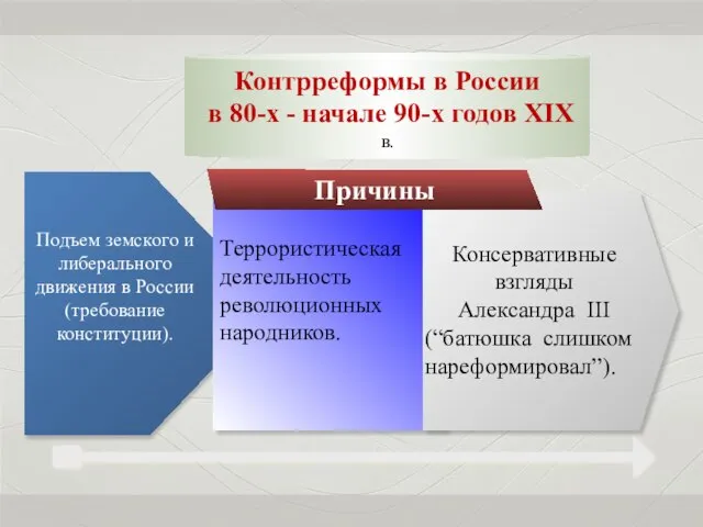 Причины Подъем земского и либерального движения в России (требование конституции). Террористическая деятельность