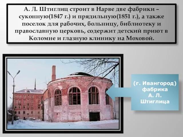 А. Л. Штиглиц строит в Нарве две фабрики – суконную(1847 г.) и