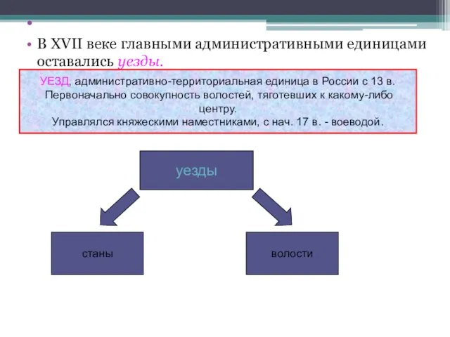 В XVII веке главными административными единицами оставались уезды. УЕЗД, административно-территориальная единица в