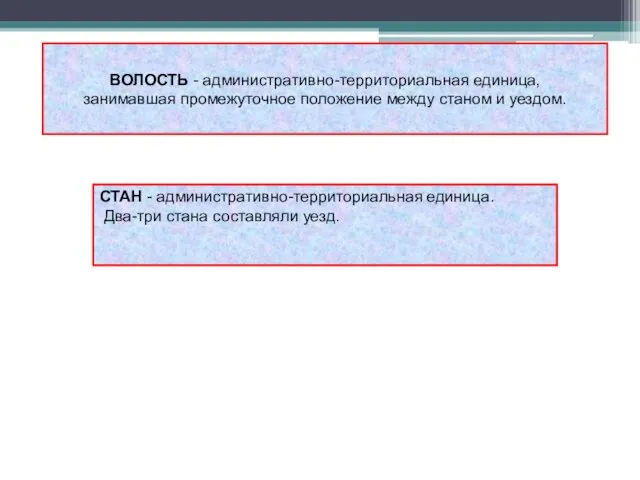 ВОЛОСТЬ - административно-территориальная единица, занимавшая промежуточное положение между станом и уездом. СТАН