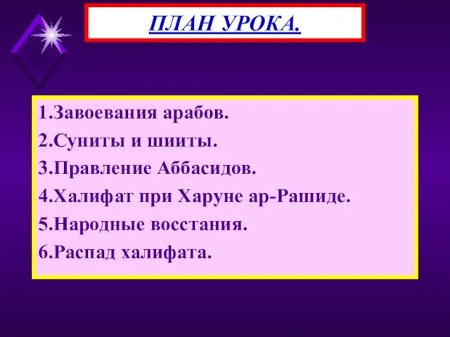 1.Завоевания арабов. 2.Суниты и шииты. 3.Правление Аббасидов. 4.Халифат при Харуне ар-Рашиде. 5.Народные