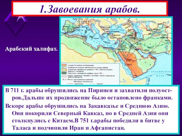 1.Завоевания арабов. После смерти Мухаммеда власть перешла к Халифам(за-меститель).1-ые четыре халифа были