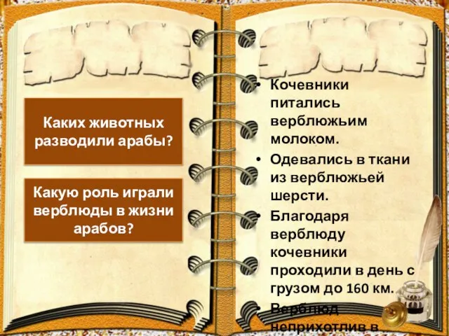 Кочевники питались верблюжьим молоком. Одевались в ткани из верблюжьей шерсти. Благодаря верблюду