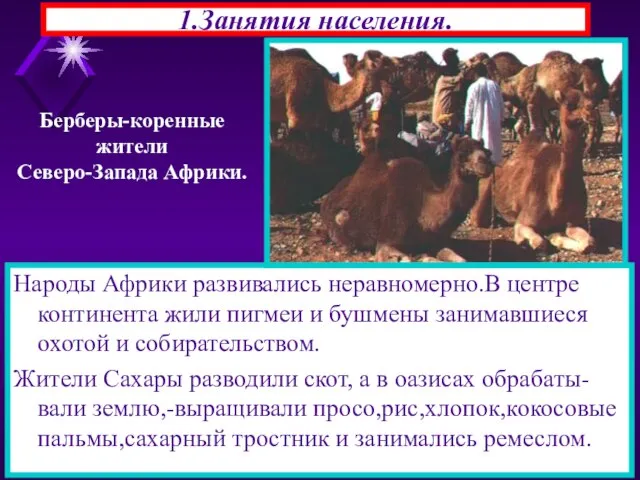 1.Занятия населения. Народы Африки развивались неравномерно.В центре континента жили пигмеи и бушмены