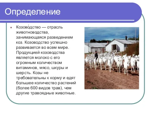 Определение Козово́дство — отрасль животноводства, занимающаяся разведением коз. Козоводство успешно развивается во