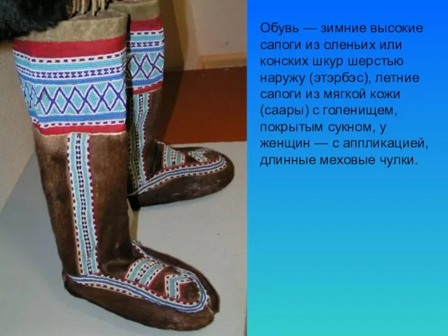 Обувь — зимние высокие сапоги из оленьих или конских шкур шерстью наружу