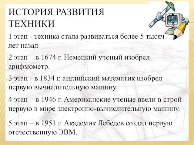 5 этап – в 1951 г. Академик Лебедев создал первую отечественную ЭВМ.