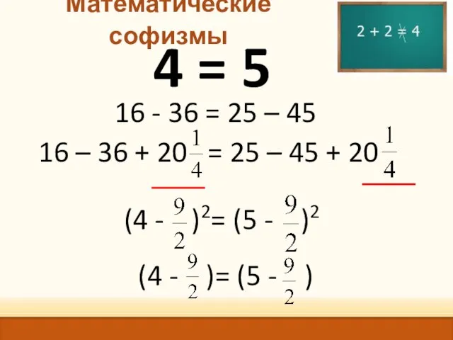 Математические софизмы 4 = 5 16 - 36 = 25 – 45