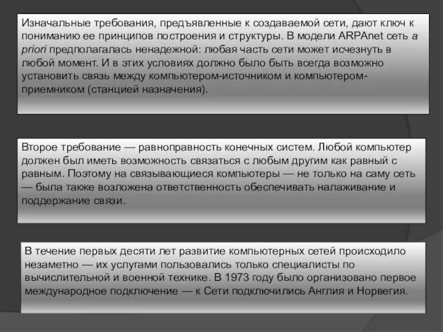 Изначальные требования, предъявленные к создаваемой сети, дают ключ к пониманию ее принципов