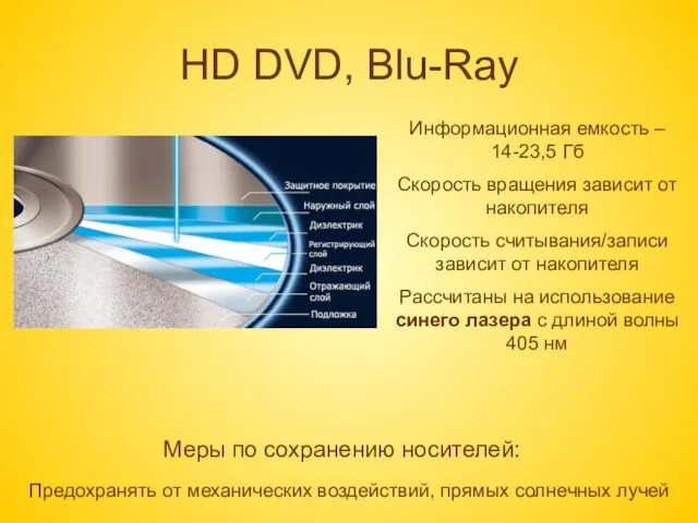 HD DVD, Blu-Ray Информационная емкость – 14-23,5 Гб Скорость вращения зависит от