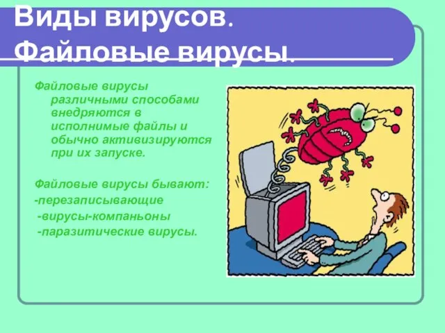 Виды вирусов. Файловые вирусы. Файловые вирусы различными способами внедряются в исполнимые файлы