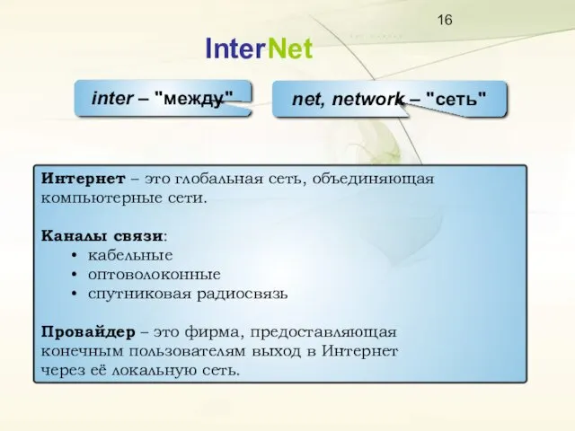 InterNet inter – "между" net, network – "сеть" Интернет – это глобальная