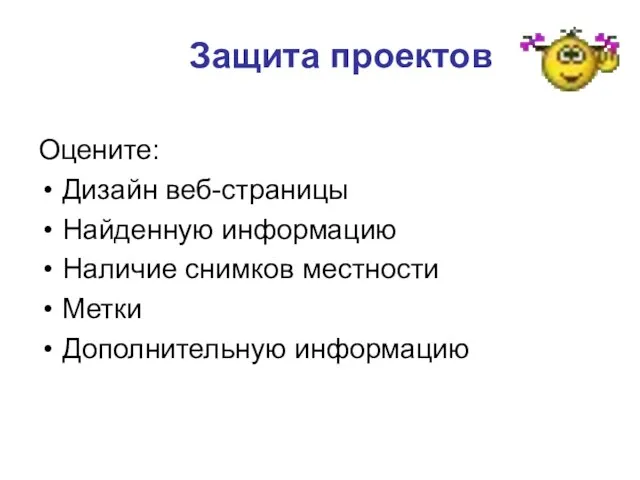 Защита проектов Оцените: Дизайн веб-страницы Найденную информацию Наличие снимков местности Метки Дополнительную информацию