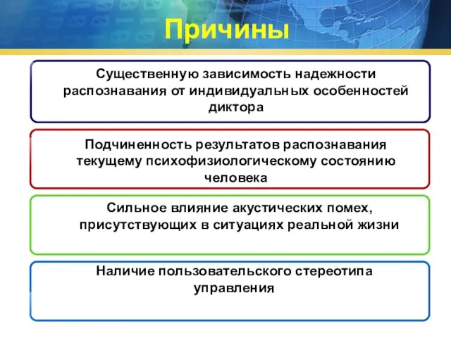 Причины Существенную зависимость надежности распознавания от индивидуальных особенностей диктора Подчиненность результатов распознавания