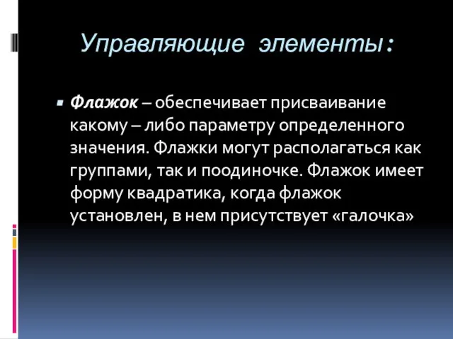 Управляющие элементы: Флажок – обеспечивает присваивание какому – либо параметру определенного значения.