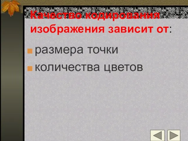 Качество кодирования изображения зависит от: размера точки количества цветов