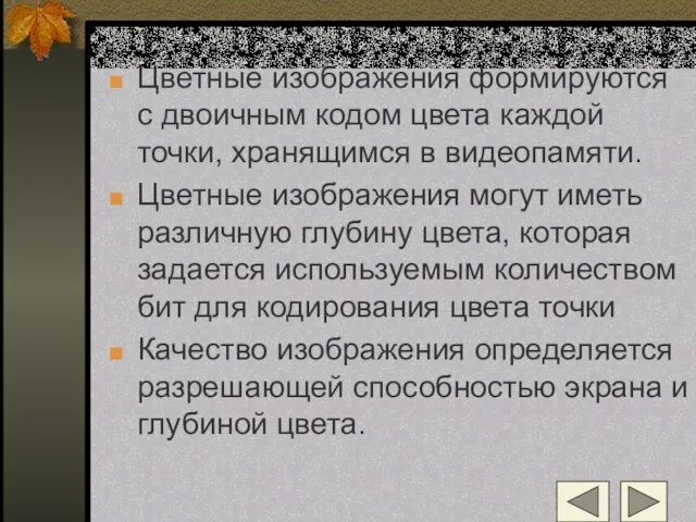 Цветные изображения формируются с двоичным кодом цвета каждой точки, хранящимся в видеопамяти.