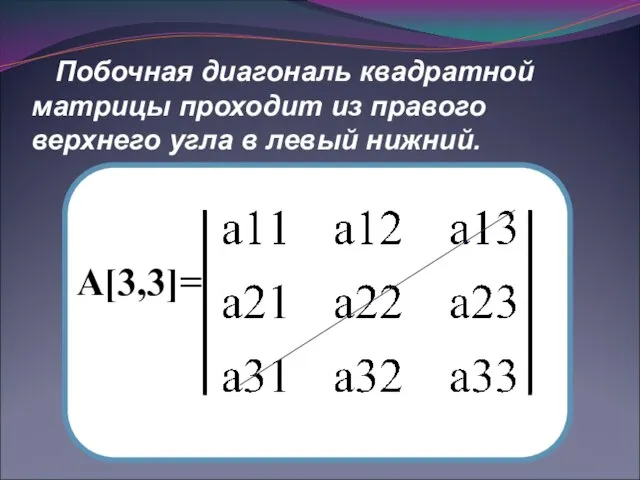 Побочная диагональ квадратной матрицы проходит из правого верхнего угла в левый нижний. А[3,3]=
