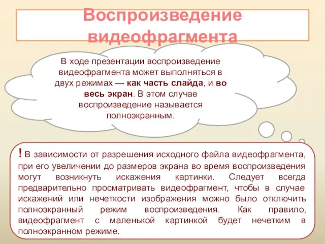 Воспроизведение видеофрагмента В ходе презентации воспроизведение видеофрагмента может выполняться в двух режимах