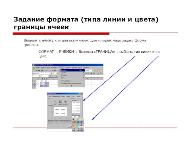 Задание формата (типа линии и цвета) границы ячеек Выделить ячейку или диапазон