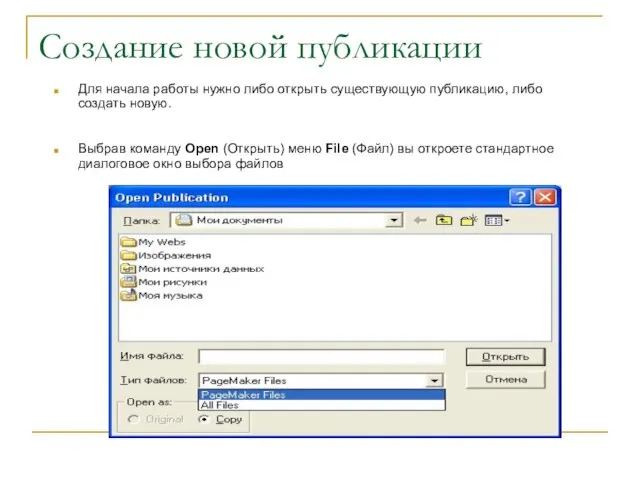 Создание новой публикации Для начала работы нужно либо открыть существующую публикацию, либо