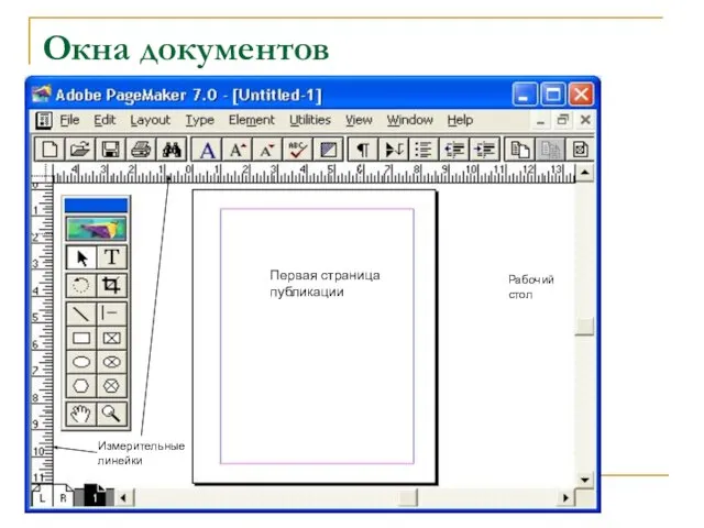 Окна документов Первая страница публикации Рабочий стол Измерительные линейки