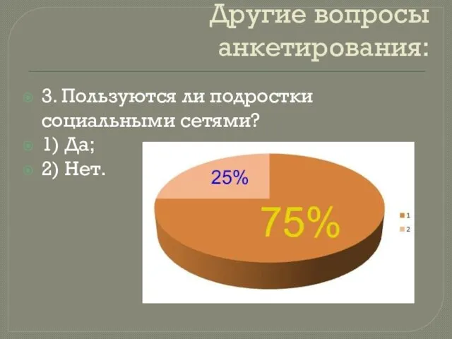 Другие вопросы анкетирования: 3. Пользуются ли подростки социальными сетями? 1) Да; 2) Нет.