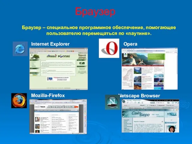 Браузер Internet Explorer Opera Mozilla-Firefox Netscape Browser Браузер – специальное программное обеспечение,