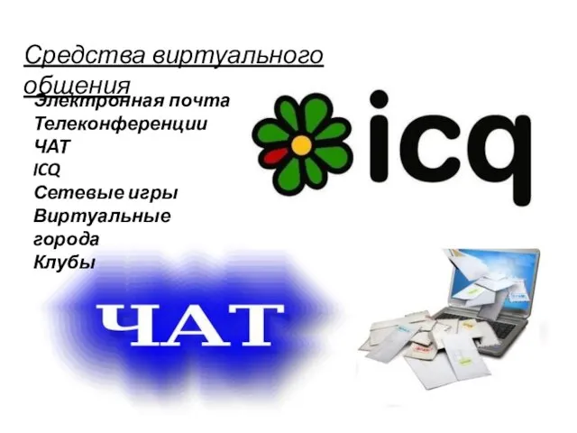 Средства виртуального общения Электронная почта Телеконференции ЧАТ ICQ Сетевые игры Виртуальные города Клубы