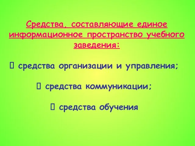 Средства, составляющие единое информационное пространство учебного заведения: средства организации и управления; средства коммуникации; средства обучения