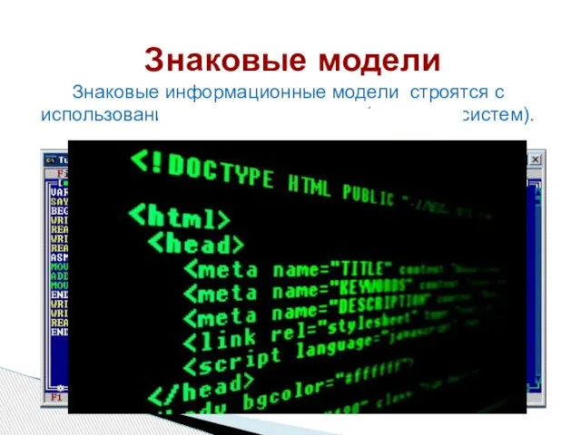 Знаковые модели Знаковые информационные модели строятся с использованием различных языков (знаковых систем).