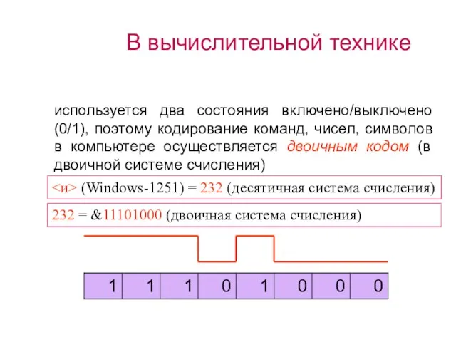 В вычислительной технике используется два состояния включено/выключено (0/1), поэтому кодирование команд, чисел,