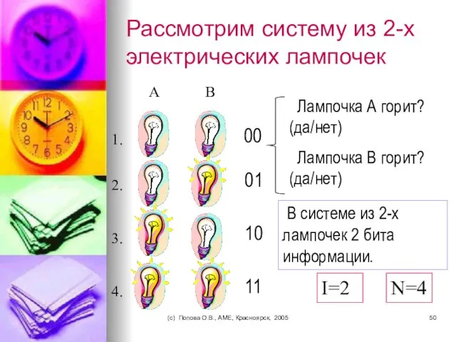 (c) Попова О.В., AME, Красноярск, 2005 Рассмотрим систему из 2-х электрических лампочек