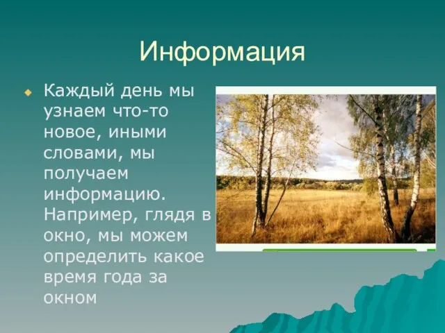 Информация Каждый день мы узнаем что-то новое, иными словами, мы получаем информацию.