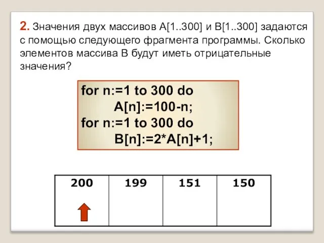 2. Значения двух массивов A[1..300] и B[1..300] задаются с помощью следующего фрагмента