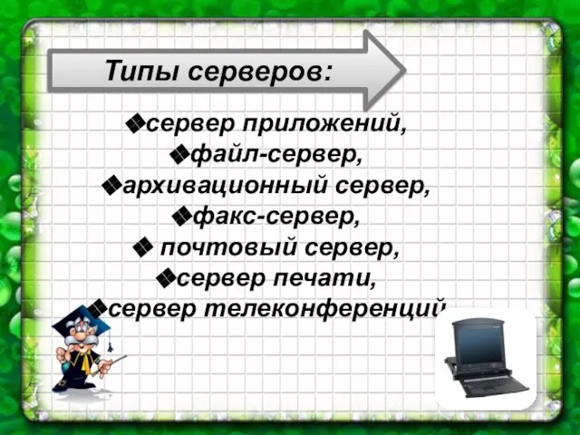 Типы серверов: сервер приложений, файл-сервер, архивационный сервер, факс-сервер, почтовый сервер, сервер печати, сервер телеконференций