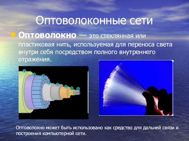 Оптоволоконные сети Оптоволокно — это стеклянная или пластиковая нить, используемая для переноса