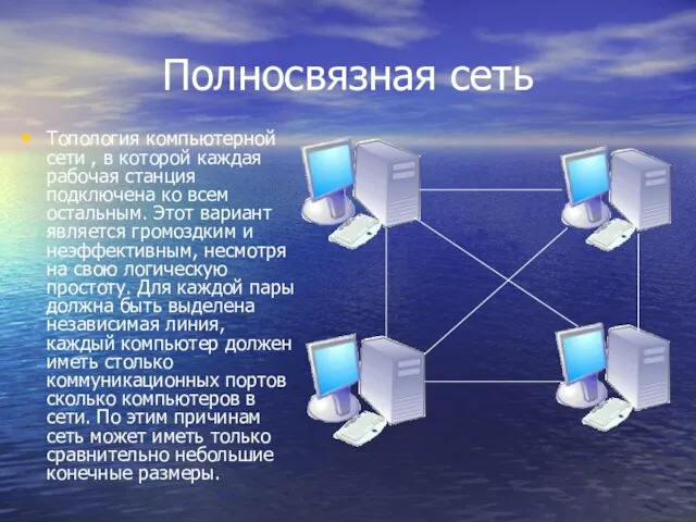 Полносвязная сеть Топология компьютерной сети , в которой каждая рабочая станция подключена