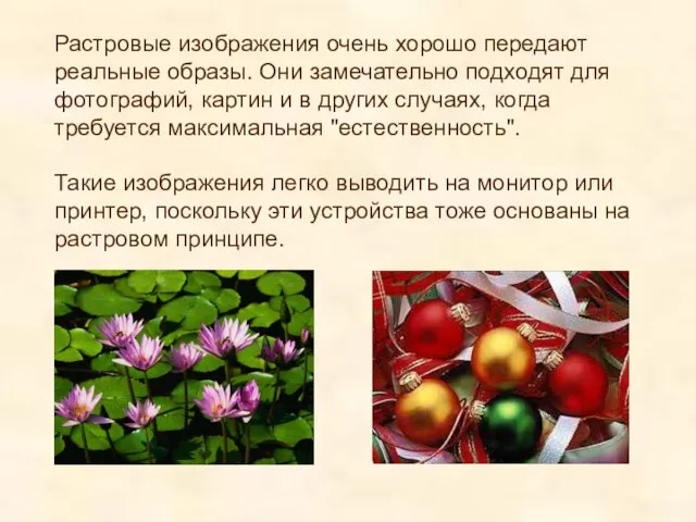 Растровые изображения очень хорошо передают реальные образы. Они замечательно подходят для фотографий,