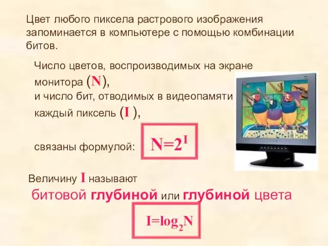 Число цветов, воспроизводимых на экране монитора (N), и число бит, отводимых в