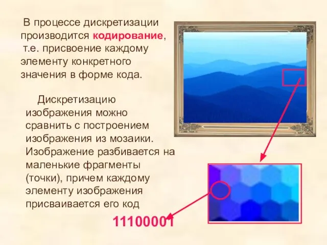 Дискретизацию изображения можно сравнить с построением изображения из мозаики. Изображение разбивается на