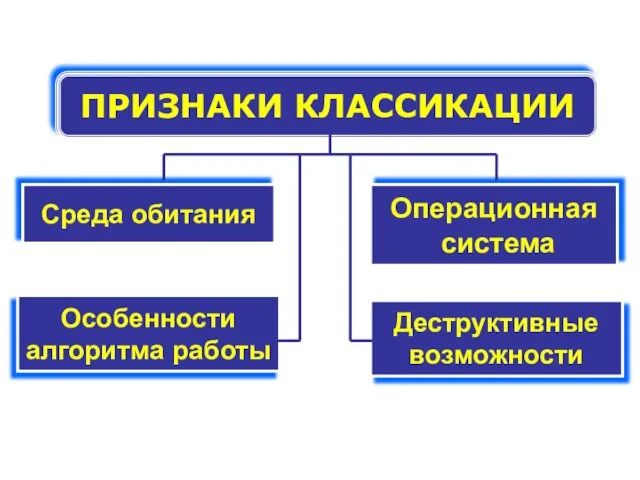 ПРИЗНАКИ КЛАССИКАЦИИ Среда обитания Операционная система Особенности алгоритма работы Деструктивные возможности