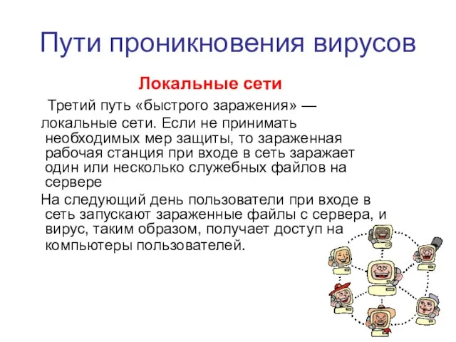 Пути проникновения вирусов Локальные сети Третий путь «быстрого заражения» — локальные сети.