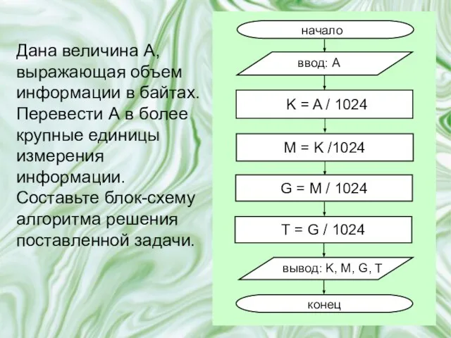 Дана величина A, выражающая объем информации в байтах. Перевести А в более