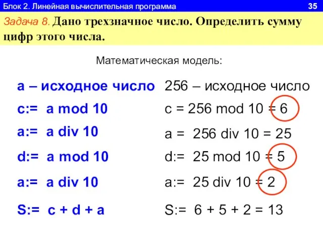 Блок 2. Линейная вычислительная программа 35 Задача 8. Дано трехзначное число. Определить