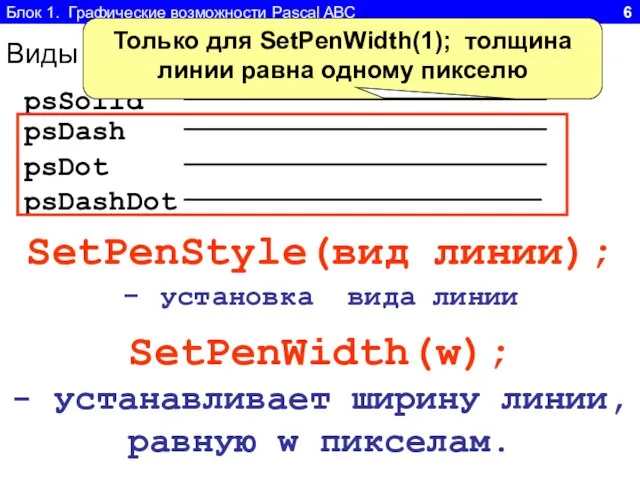 Блок 1. Графические возможности Pascal ABC 6 Виды линий задаются константами: psSolid